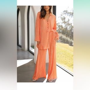 Coral Plisse Pant Set